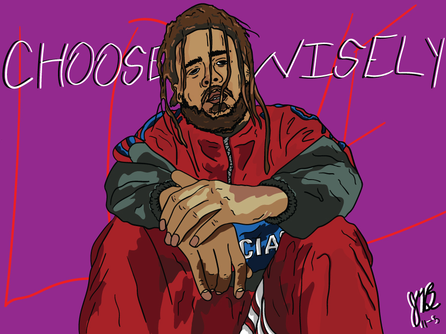 Online drawing of J. Cole with the words Love and Choose Wisely written behind him