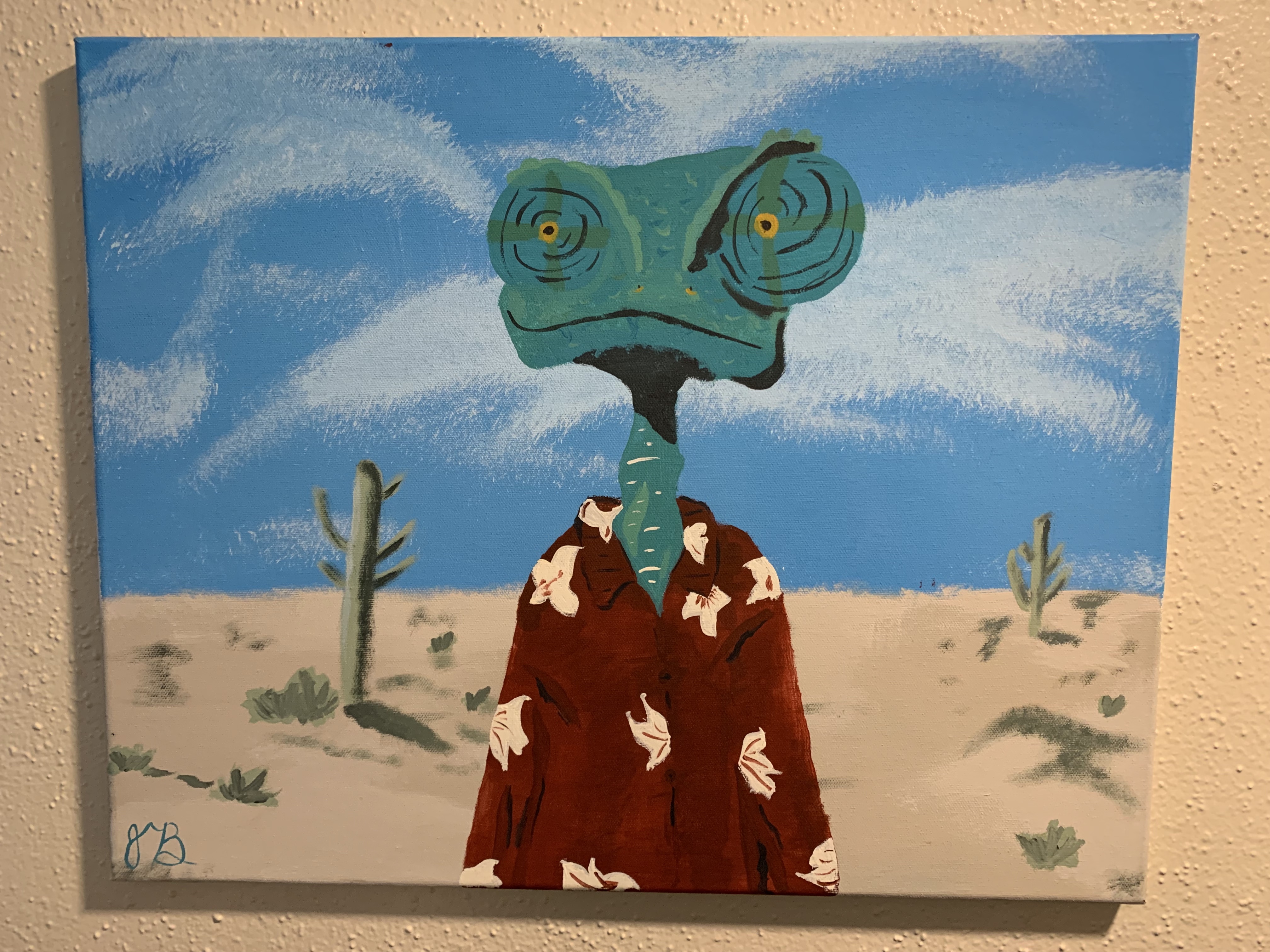 Painting of the animated character Rango staring with a desert and cacti in the background